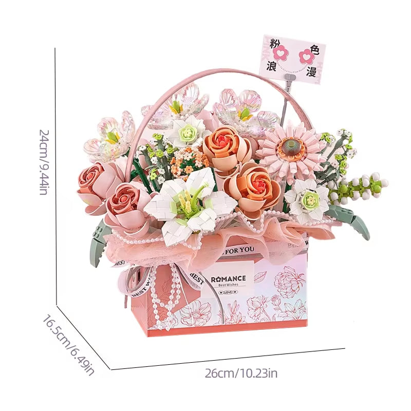 Creative Pink Rose Basket Bouquet Building Blocks Portable Flower Bouquet Gift Box Series Model Bricks Girls Gifts Kids Toys